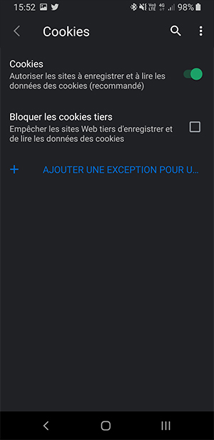 Vivaldi mobile - Gestion des cookies